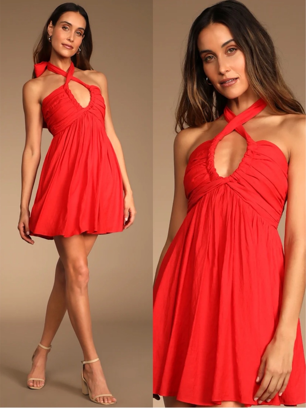 •LULUS• Red Halter Skater Mini Dress